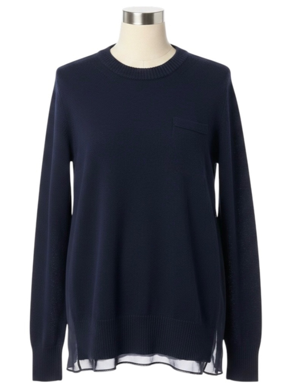 Sacai Navy Blue Wool Knit Pullover Sweater with Sheer Chiffon Back